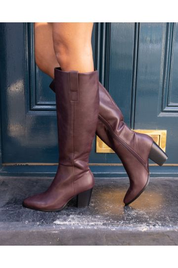 Wide Fit Gili Burgundy Block Heel Western Knee Boot