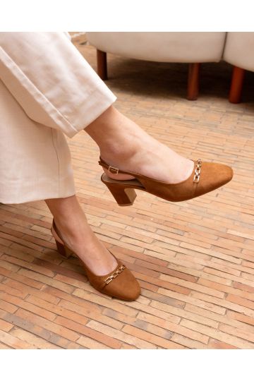 WIDE FIT HEIDI Tan Chain Trim Block Heel Slingback