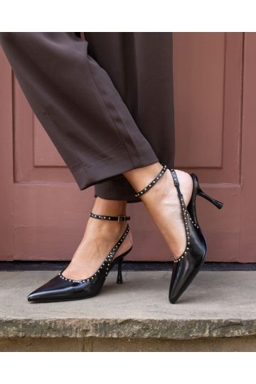 WIDE FIT ITALIA Stud Detail Black Ankle Strap Point Court