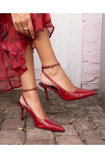 WIDE FIT ITALIA Stud Detail Red Ankle Strap Point Court