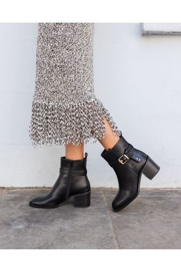 Wide Fit Jasmine Black Round Toe Block Heel Buckle Detail Ank