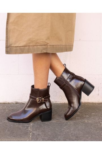 Jasmine Brown Round Toe Block Heel Buckle Detail Ankle Boot