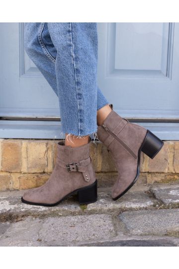 Jasmine Mink Round Toe Block Heel Buckle Detail Ankle Boot