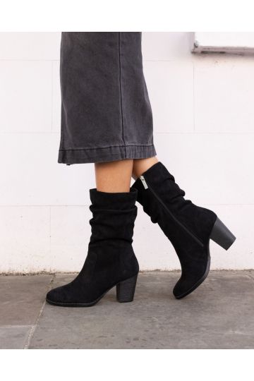 WIDE FIT JOANY Black Block Heel Slouch Ruched Ankle Boot