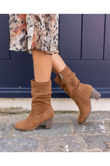 WIDE FIT JOANY Tan Block Heel Slouch Ruched Ankle Boot