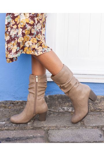 WIDE FIT JOANY Taupe Block Heel Slouch Ruched Ankle Boot