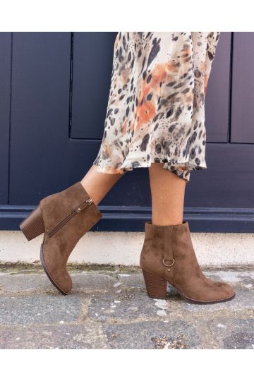 Wide Fit Juliette Brown Hardware Heeled Ankle Boot