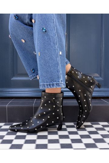 Wide Fit Kiki Black Studded Low Heel Ankle Boot