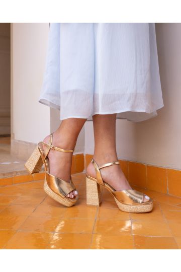 Wide Fit Lennon Gold Block Heel Platform Ankle Strap Sandal