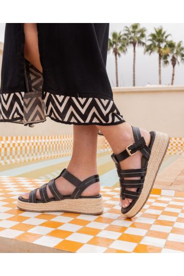 Wide Fit Tallie Black Espadrille Gladiator T Bar Sandal