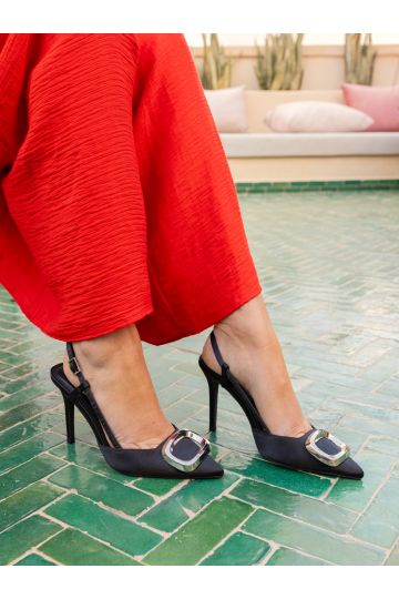 YAMINI Black Satin Hardware Slingback Court Shoe