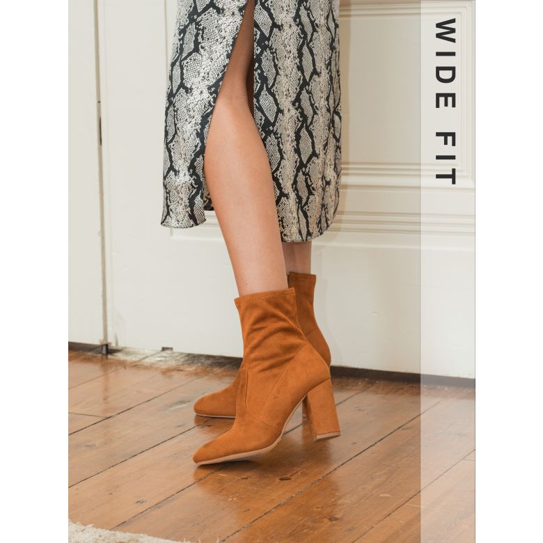 Kellan Tan Wide Fit Block Heel Sock Ankle Boot
