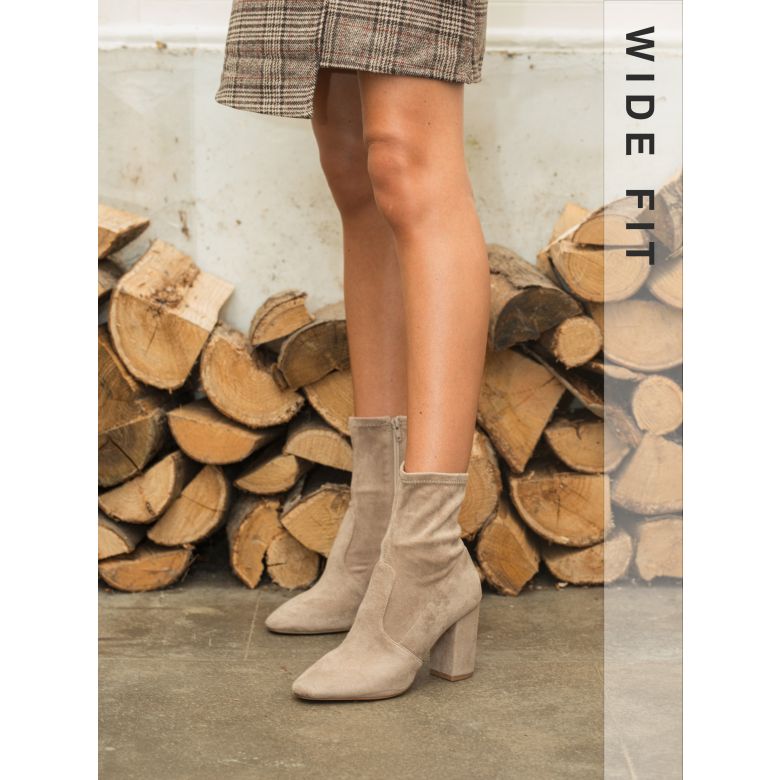 Kellan Taupe Wide Fit Block Heel Sock Ankle Boot