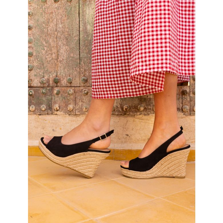 Wide Fit Ocean Black Slingback Espadrille Wedge