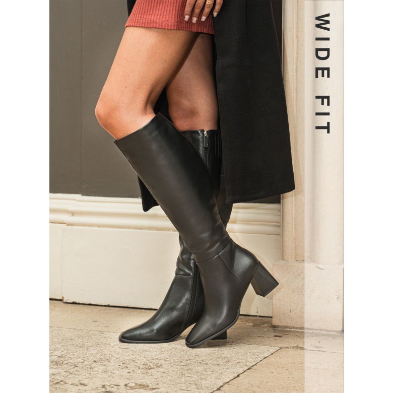 Wide Fit Orva Black Mid Block Heel Knee High Square Toe Boots