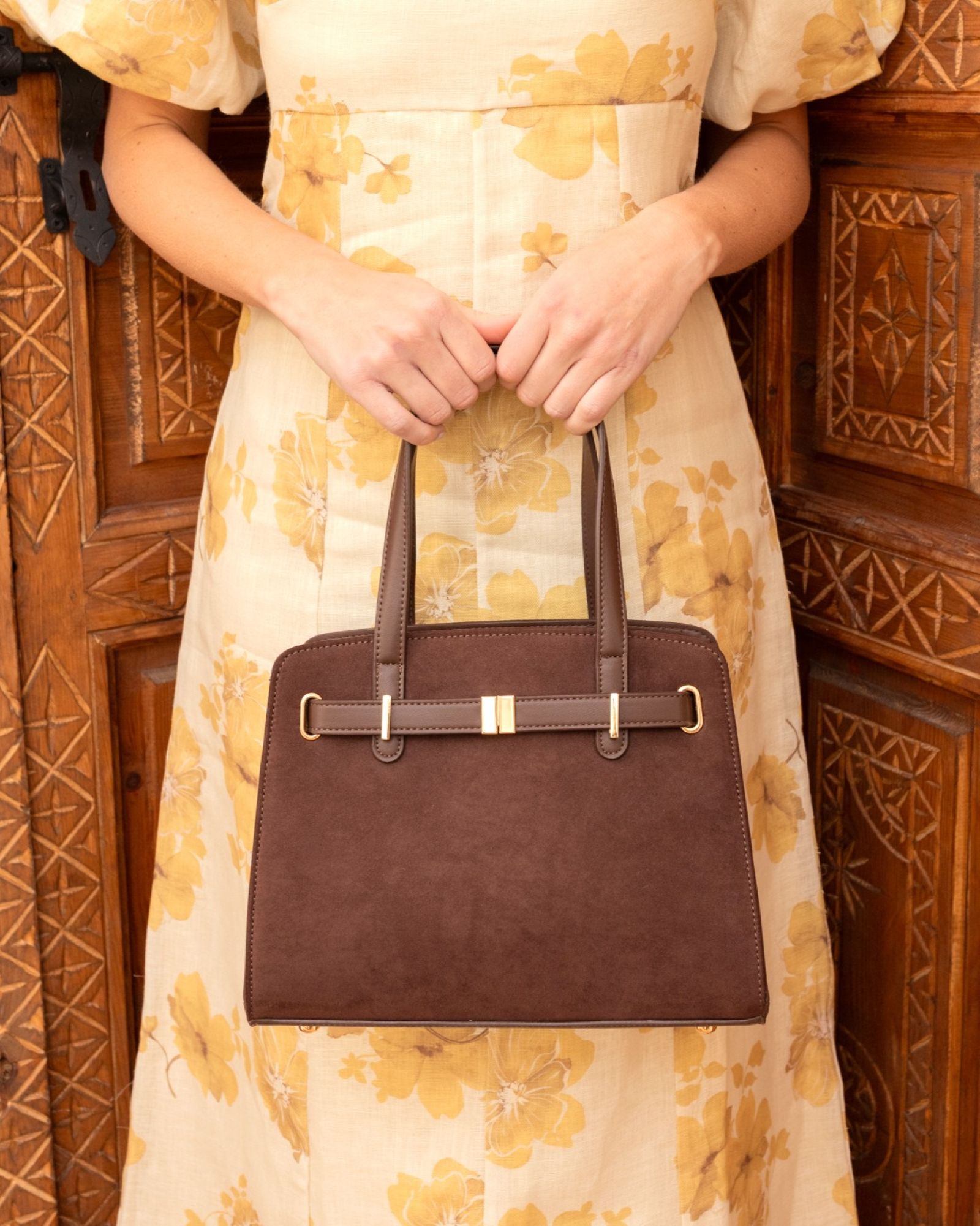 Andalucia Brown Structured Top Handle Bag