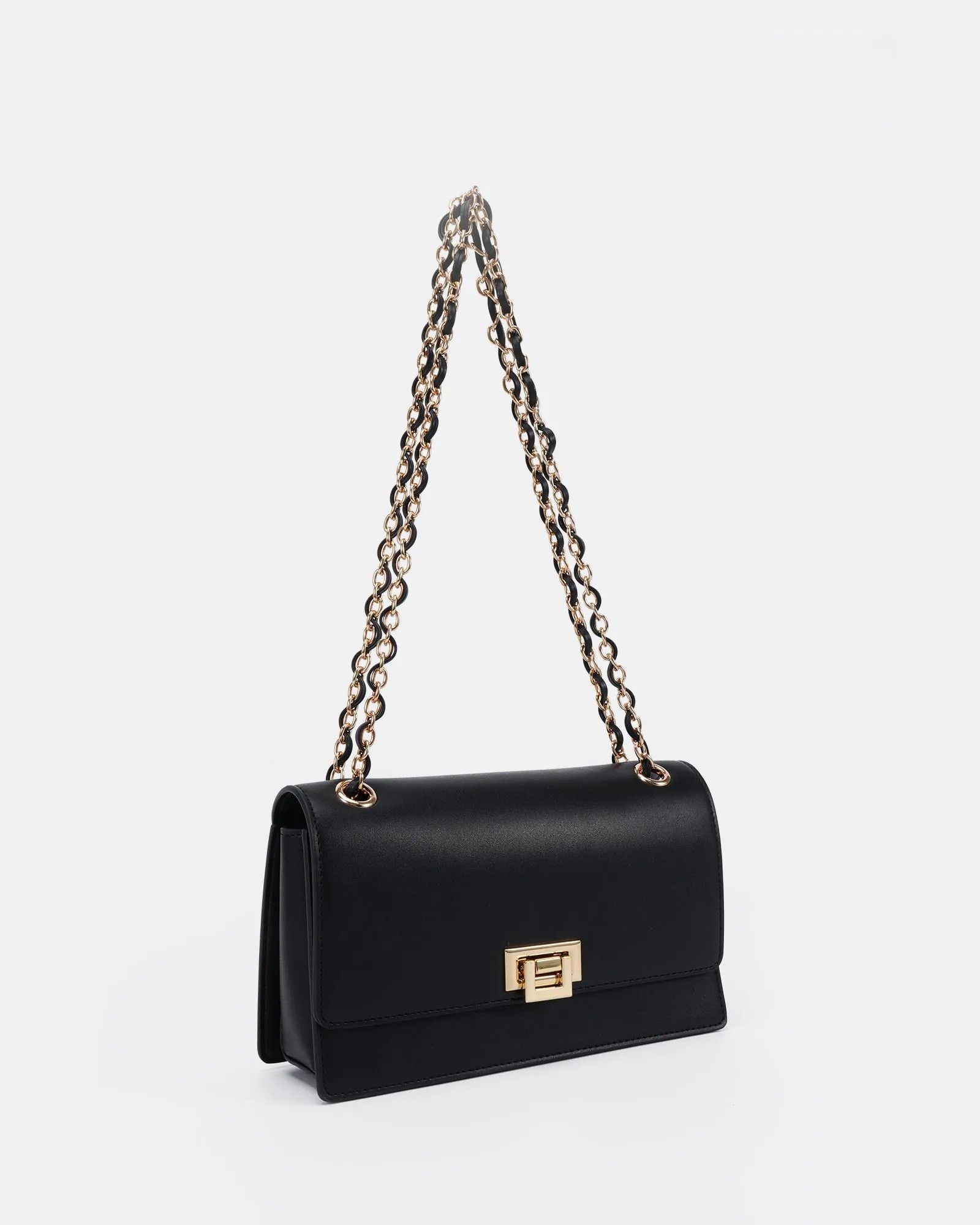 APPREHEND Black Chain Flap Medium Shoulder Bag