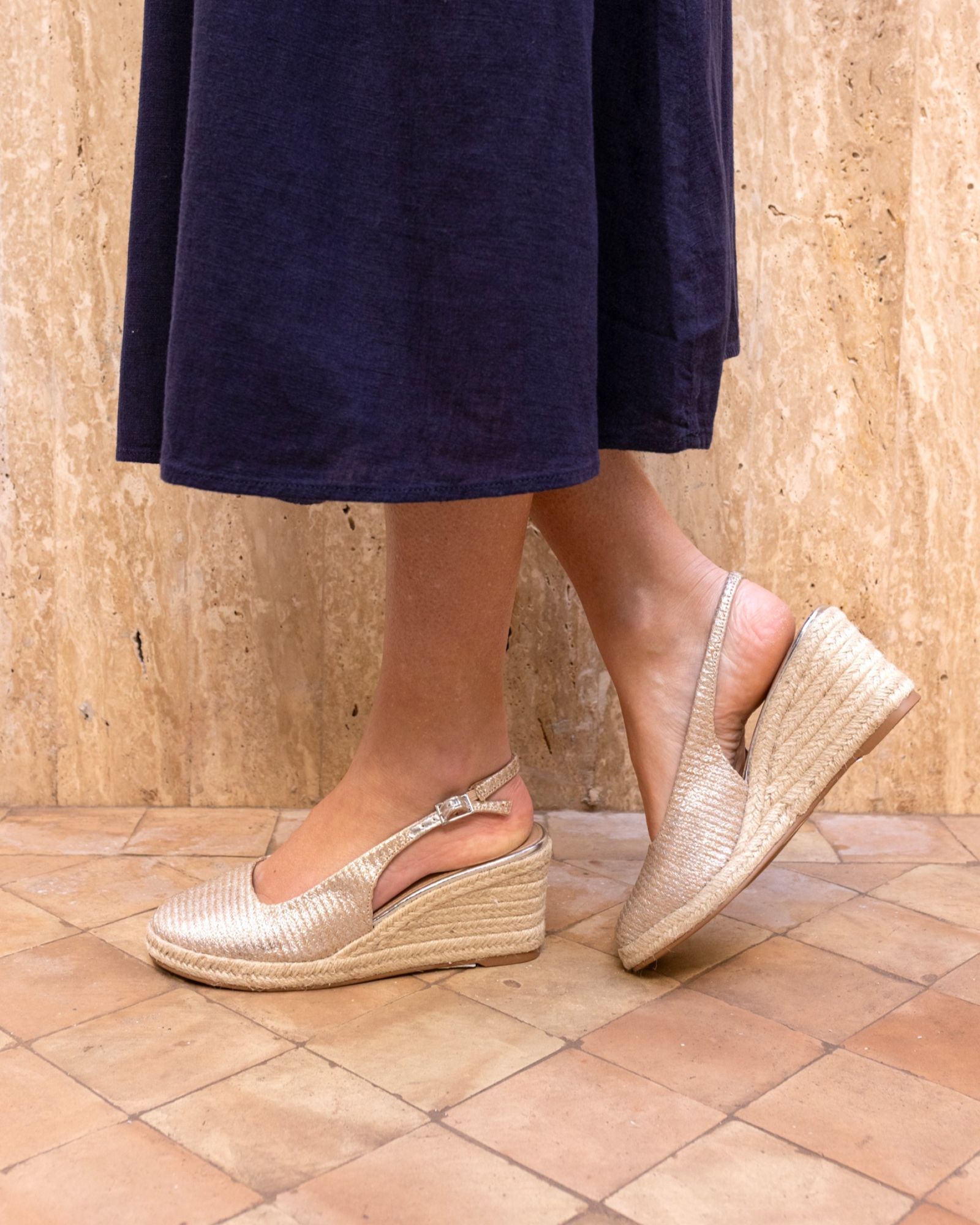 BAHAMAS Silver Closed Toe Slingback Mid Espadrille Wedge