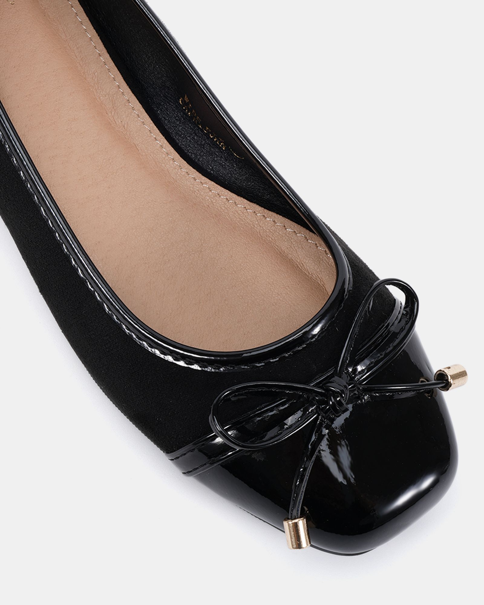 WIDE FIT CAPRICORN Black Soft Square Toe Cap Bow Ballerina
