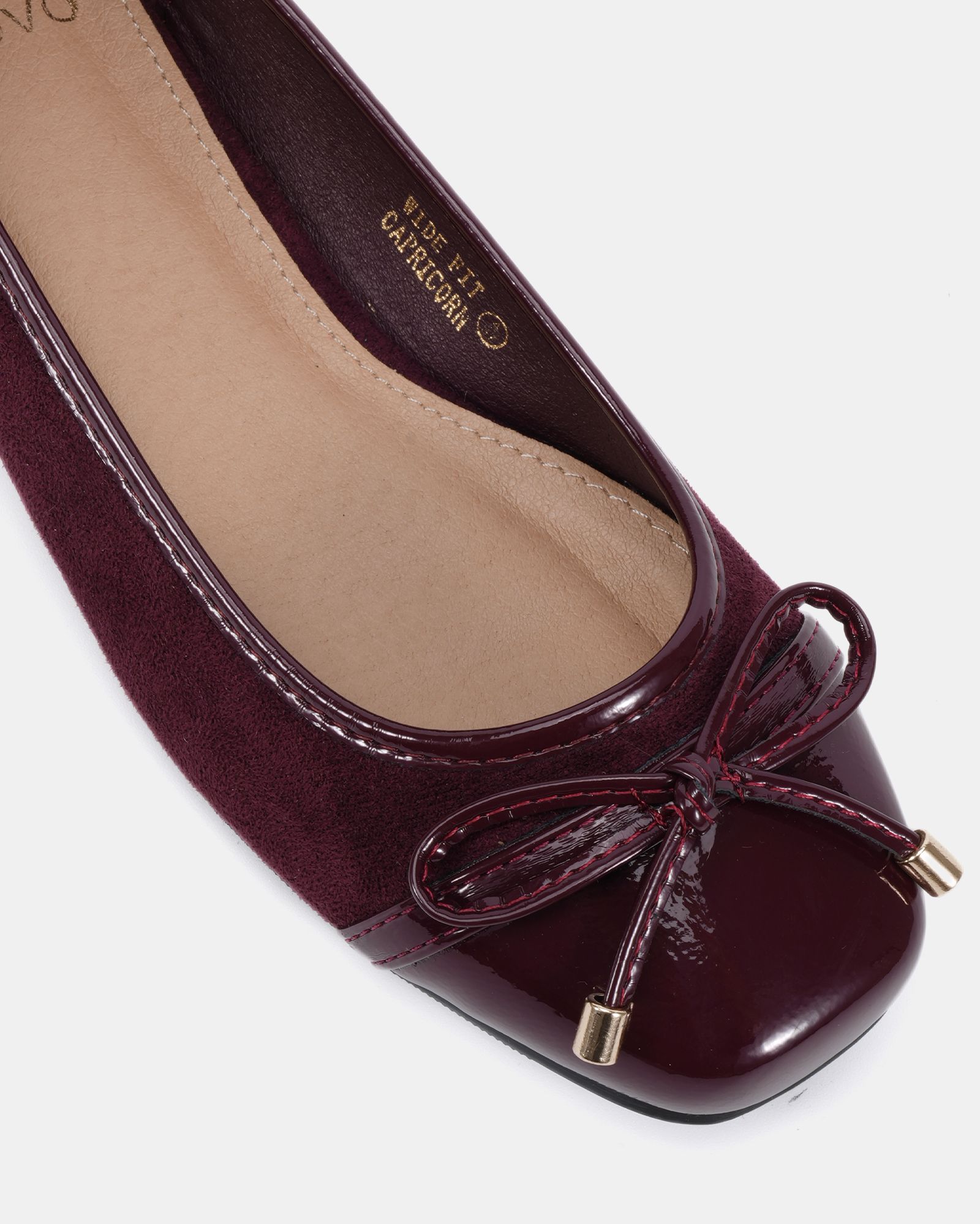 WIDE FIT CAPRICORN Burgundy Soft Square Toe Cap Bow Ballerina