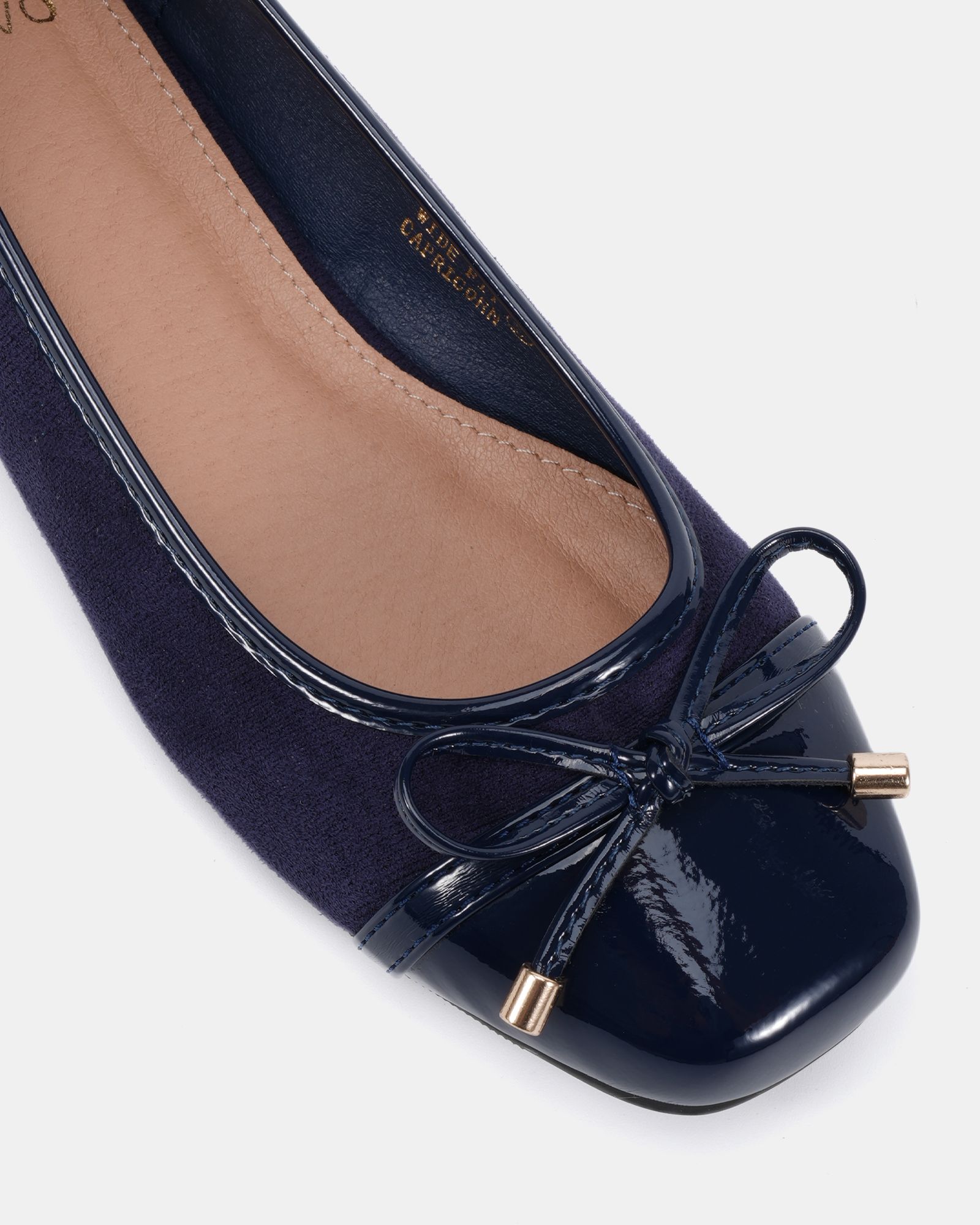 WIDE FIT CAPRICORN Navy Soft Square Toe Cap Bow Ballerina