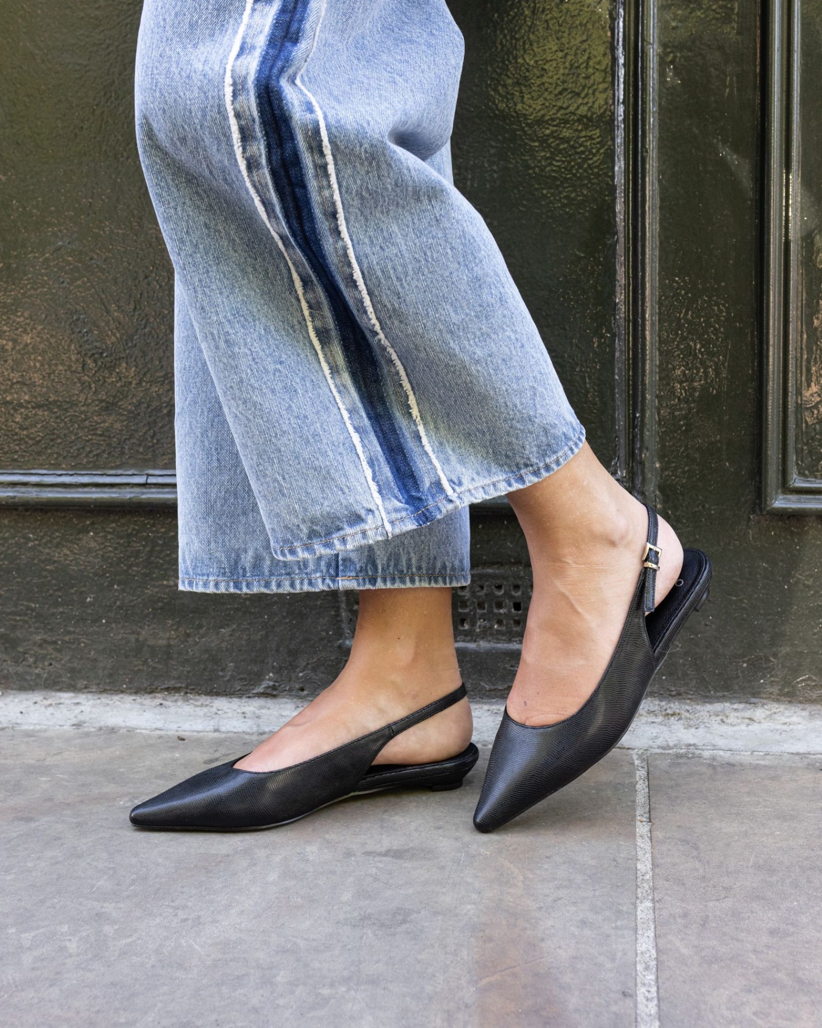CLOVER Black Point Toe Low Heel Slingback