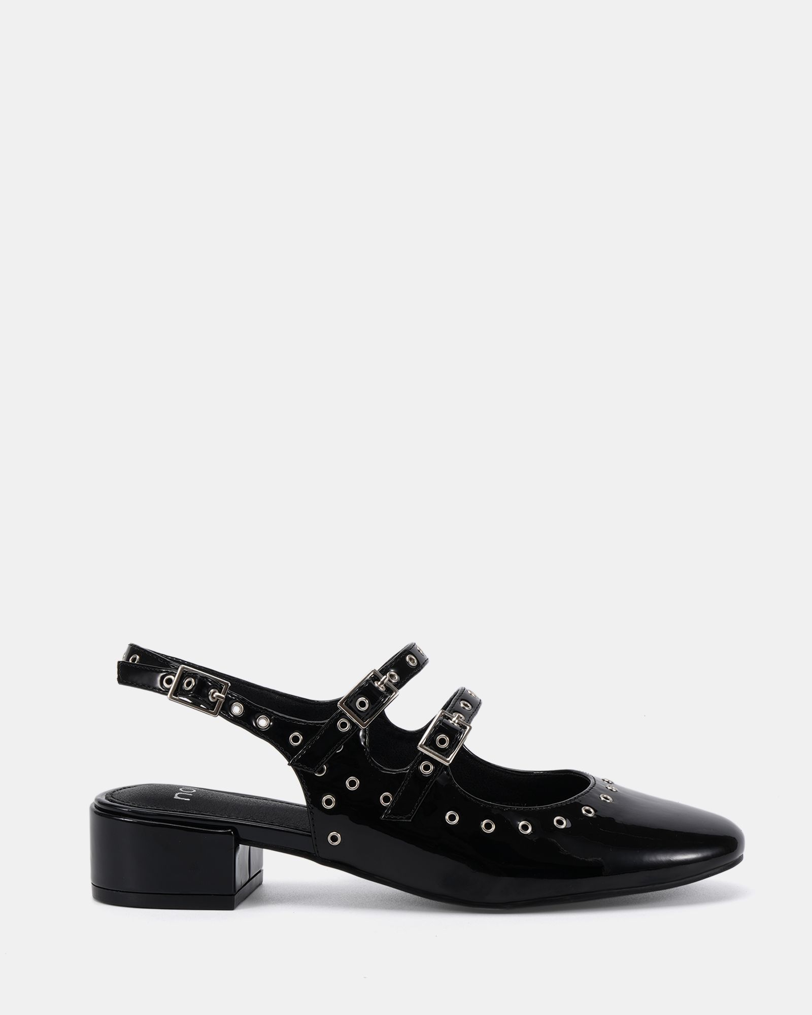 COURTNEY Black Eyelet Detail Mary Jane Low Heel Slingback