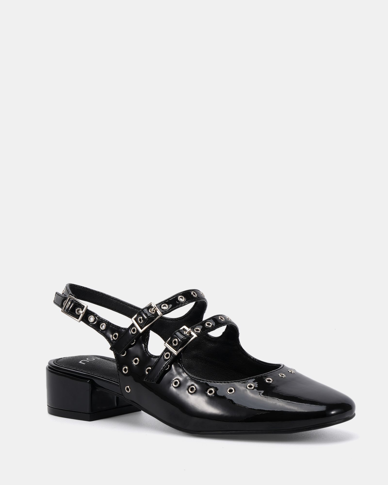 COURTNEY Black Eyelet Detail Mary Jane Low Heel Slingback