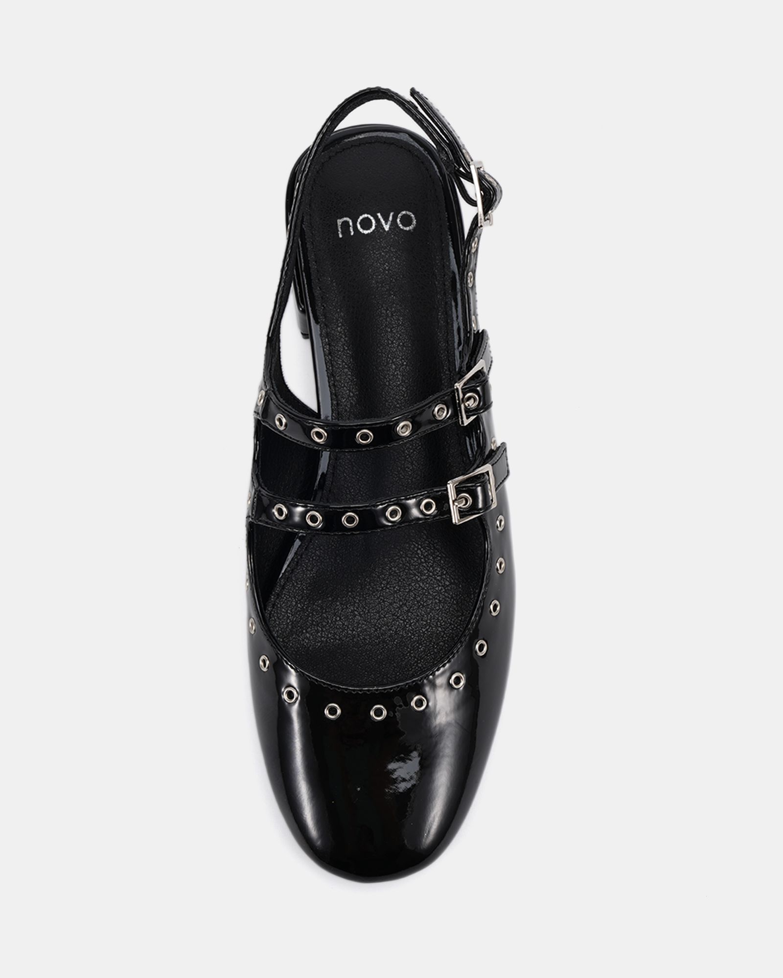 COURTNEY Black Eyelet Detail Mary Jane Low Heel Slingback