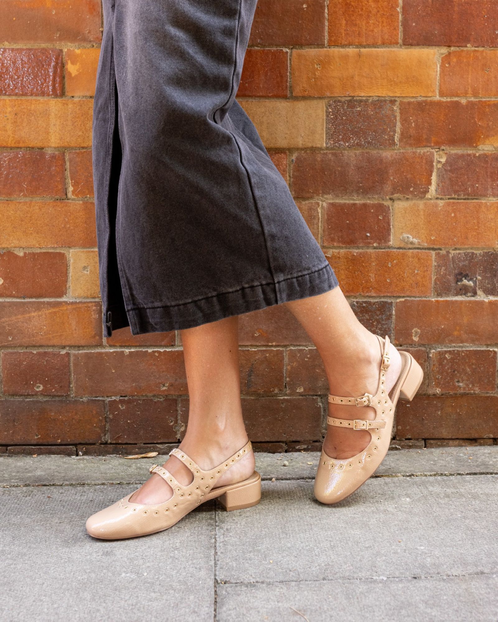 COURTNEY Nude Eyelet Detail Mary Jane Low Heel Slingback