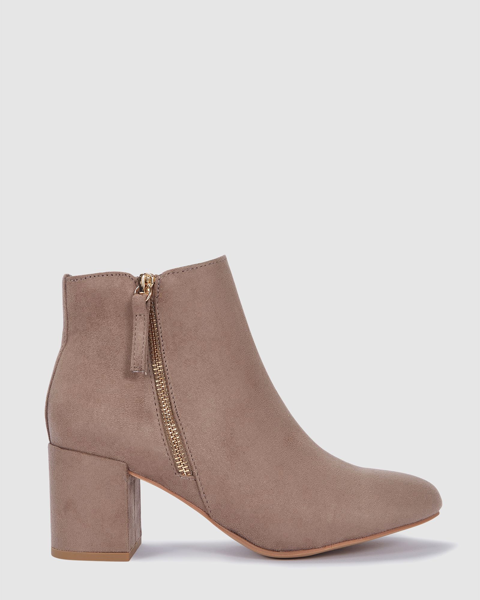Davion Taupe Block Heel Zip Detail Ankle Boot