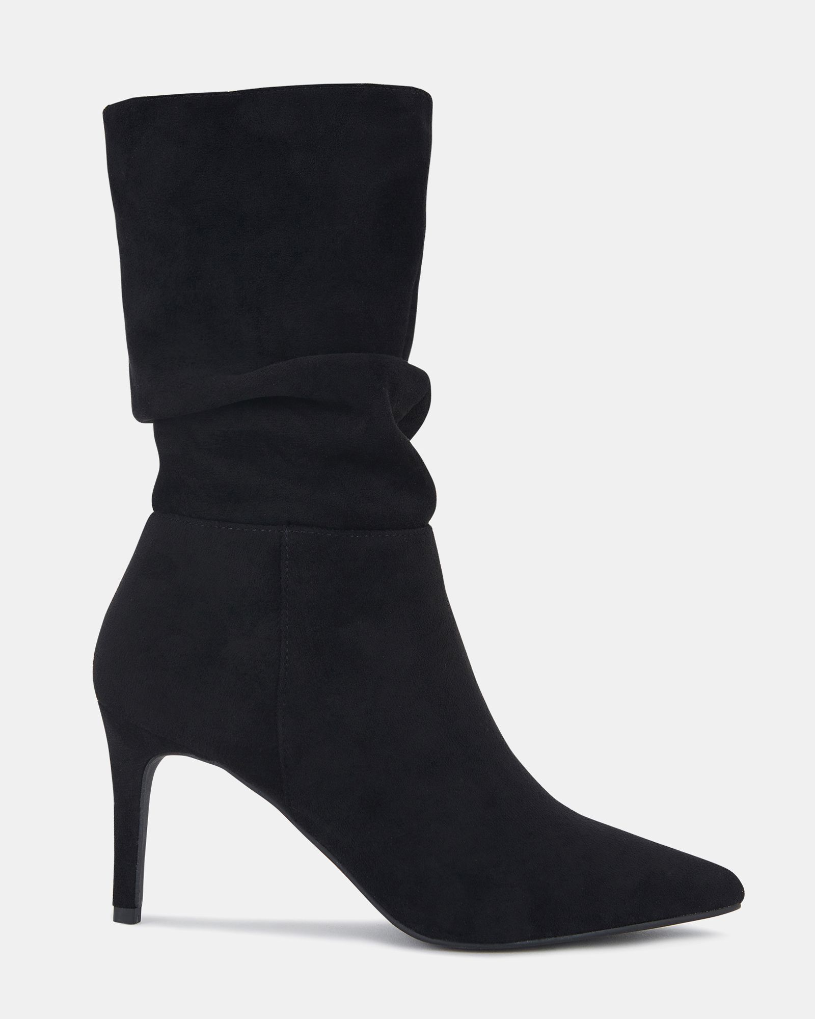 Dekota Black Wide Fit Mid Heel Point Ruched Ankle Boot