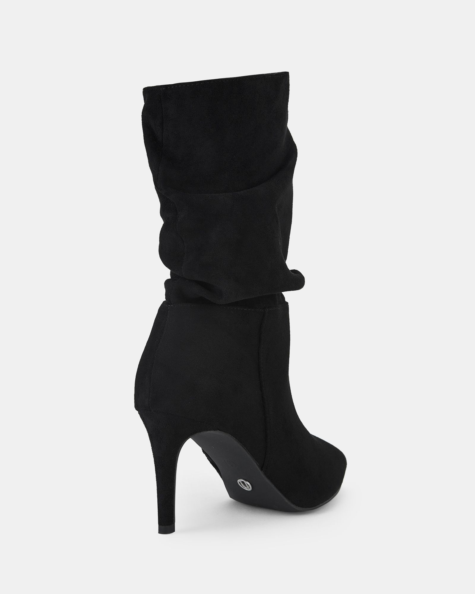 Dekota Black Wide Fit Mid Heel Point Ruched Ankle Boot