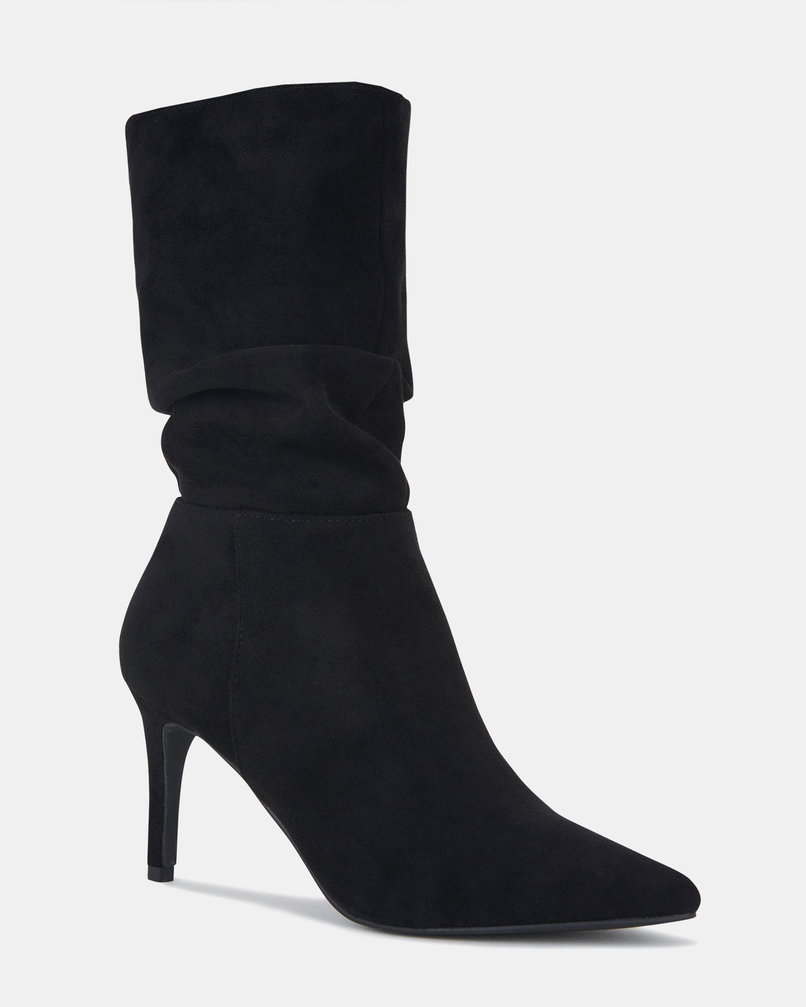 Dekota Black Wide Fit Mid Heel Point Ruched Ankle Boot
