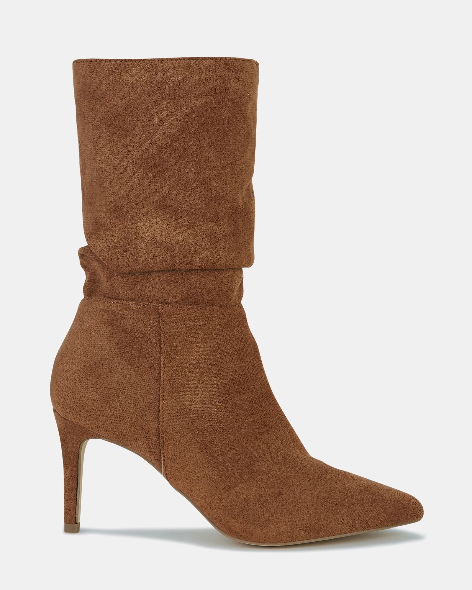 Dekota Tan Wide Fit Mid Heel Point Ruched Ankle Boot