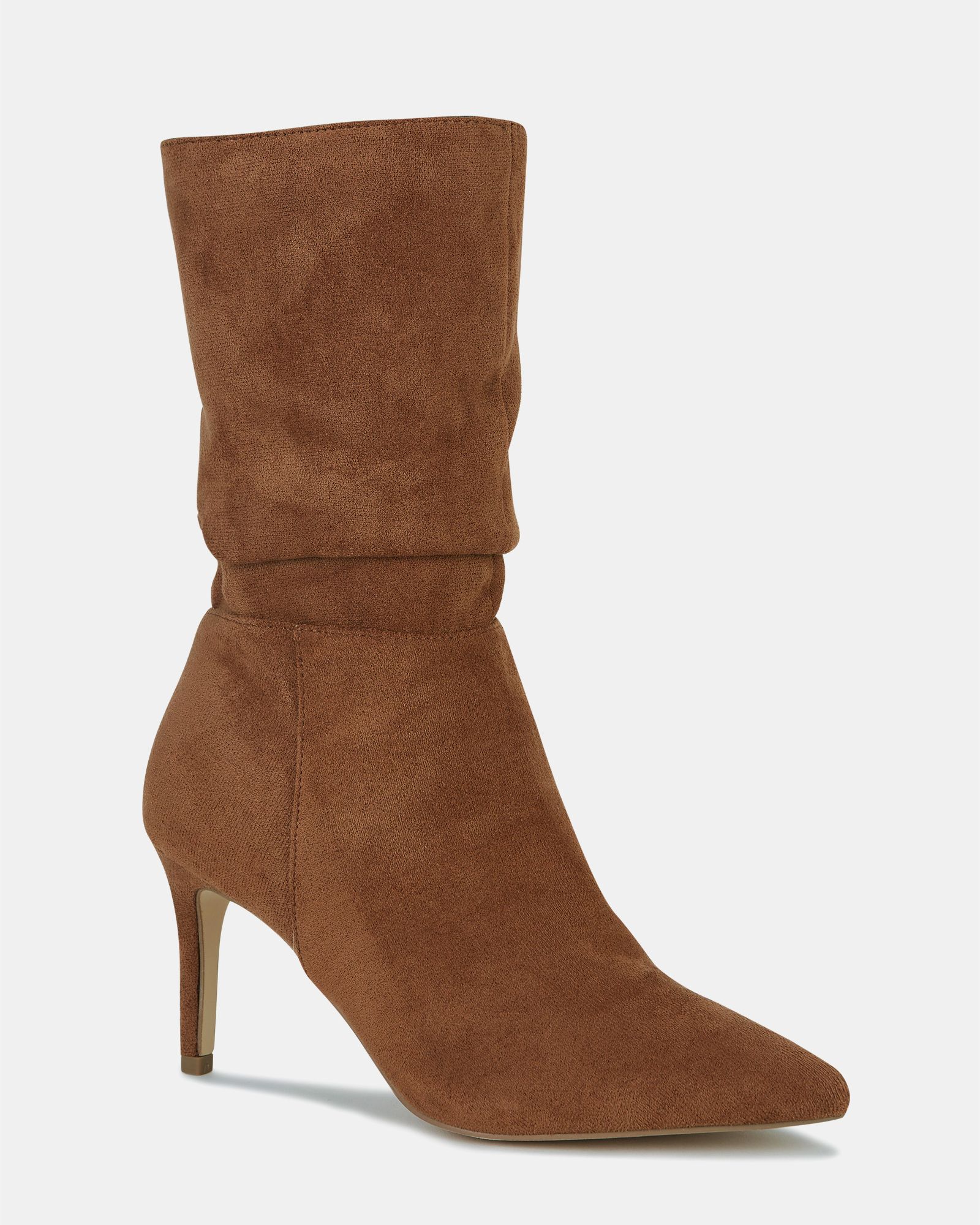 Dekota Tan Wide Fit Mid Heel Point Ruched Ankle Boot