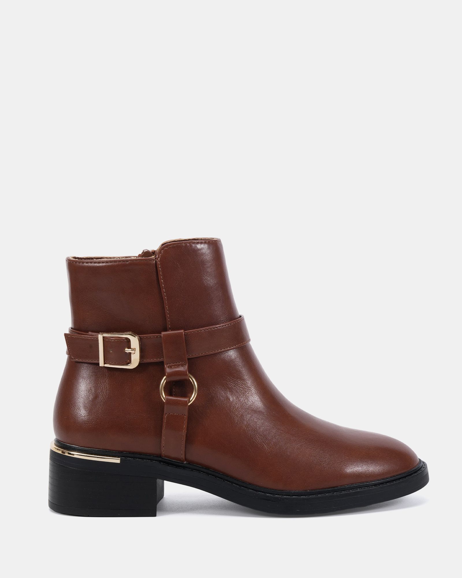 Dora Tan Buckle Ring Detail Flat Ankle Boot