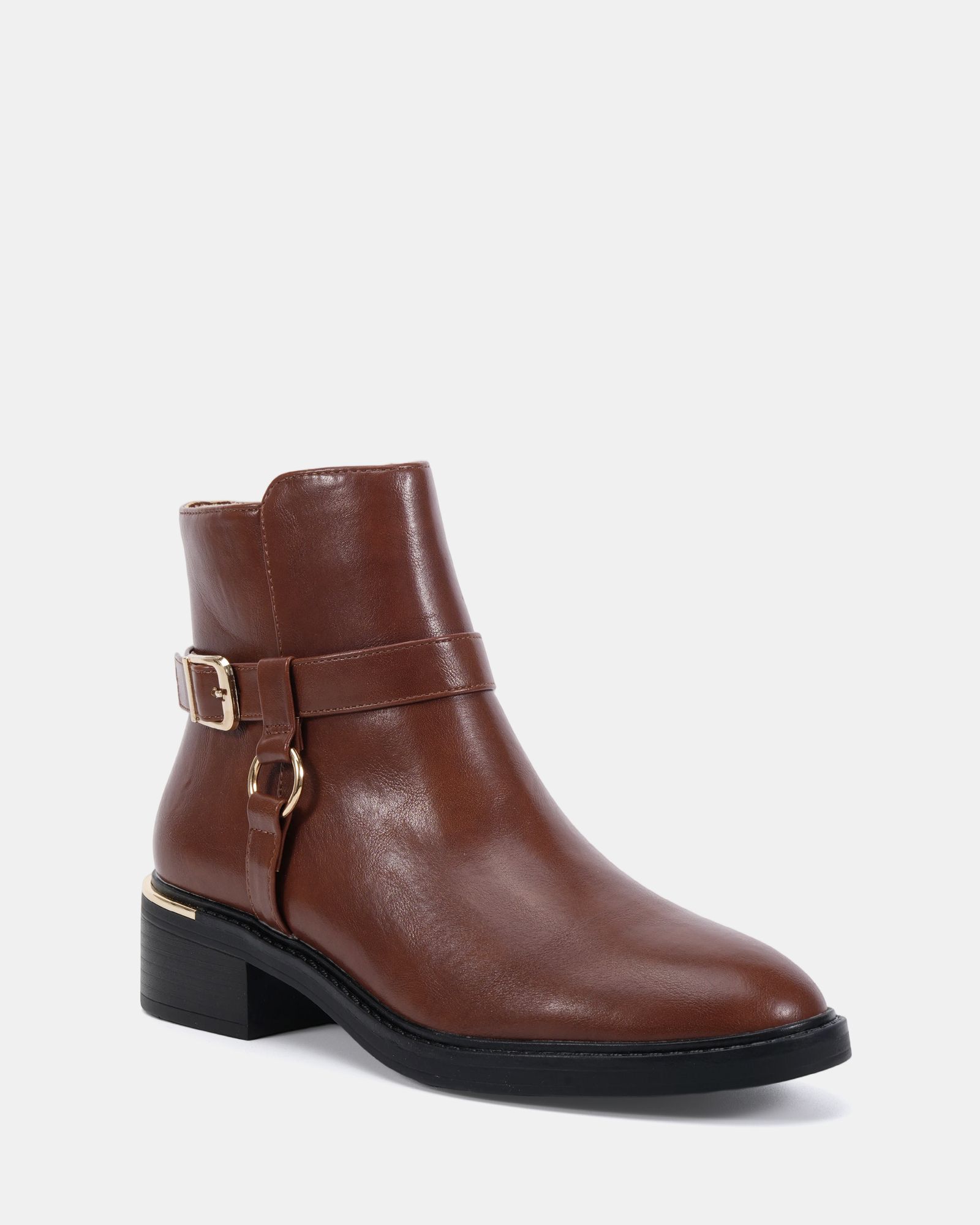 Dora Tan Buckle Ring Detail Flat Ankle Boot