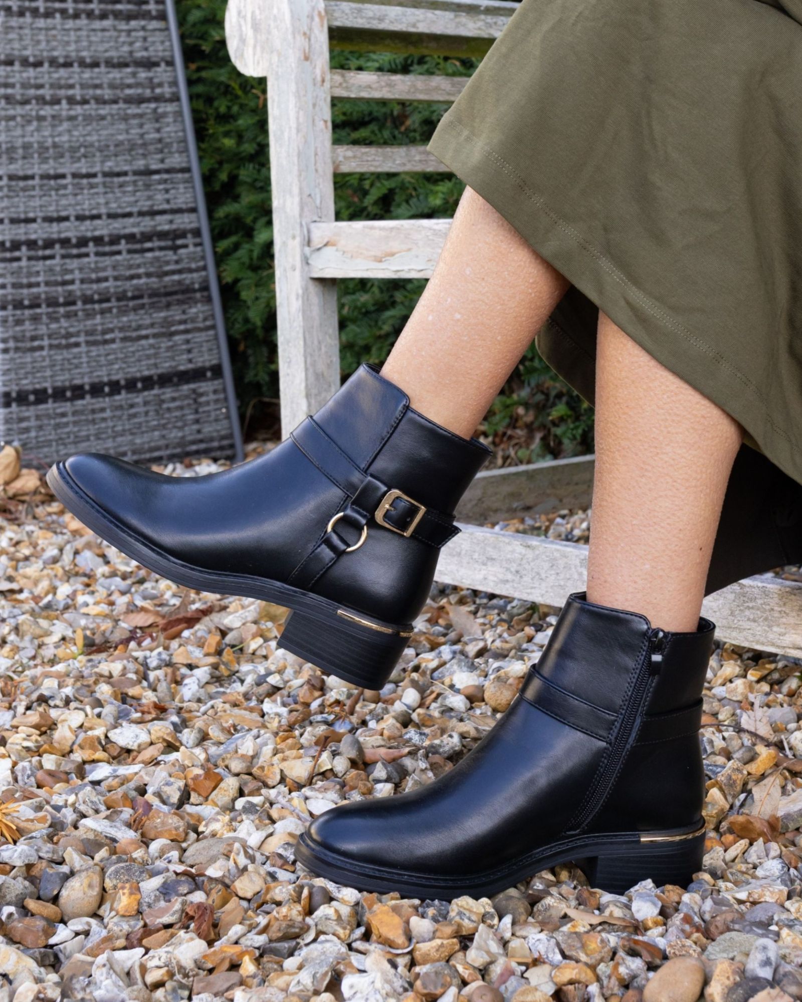 Dora Black Buckle Ring Detail Flat Ankle Boot