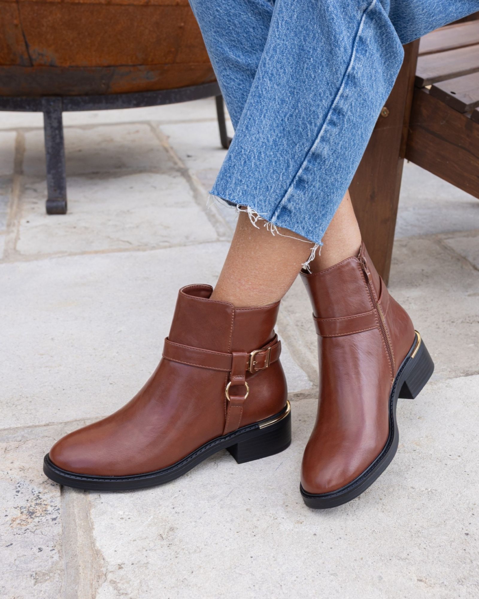 Dora Tan Buckle Ring Detail Flat Ankle Boot