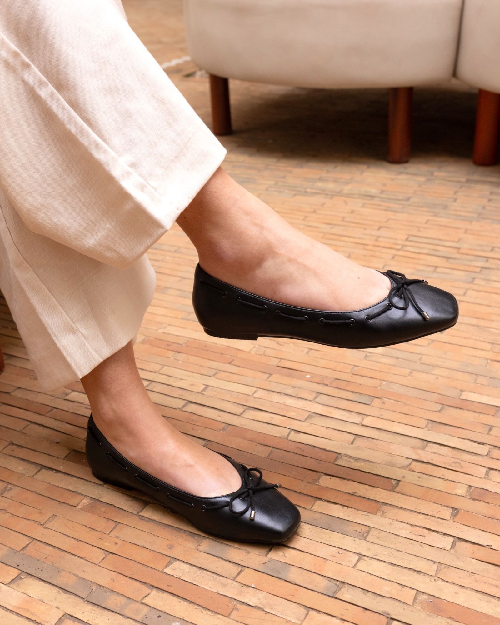 FLORA Black Eyelet Detail Bow Flat Ballerina