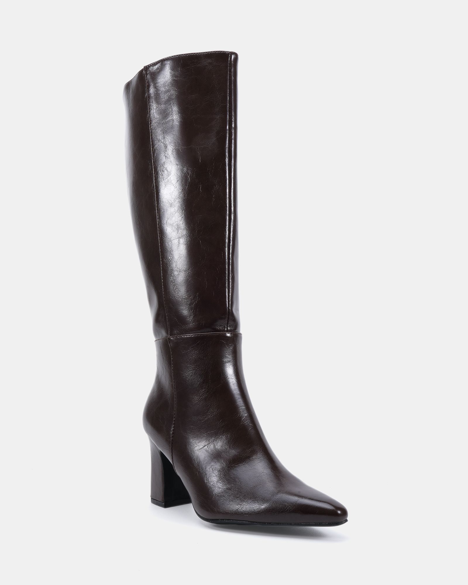 Gala Brown Point Toe Block Heel Knee Boot
