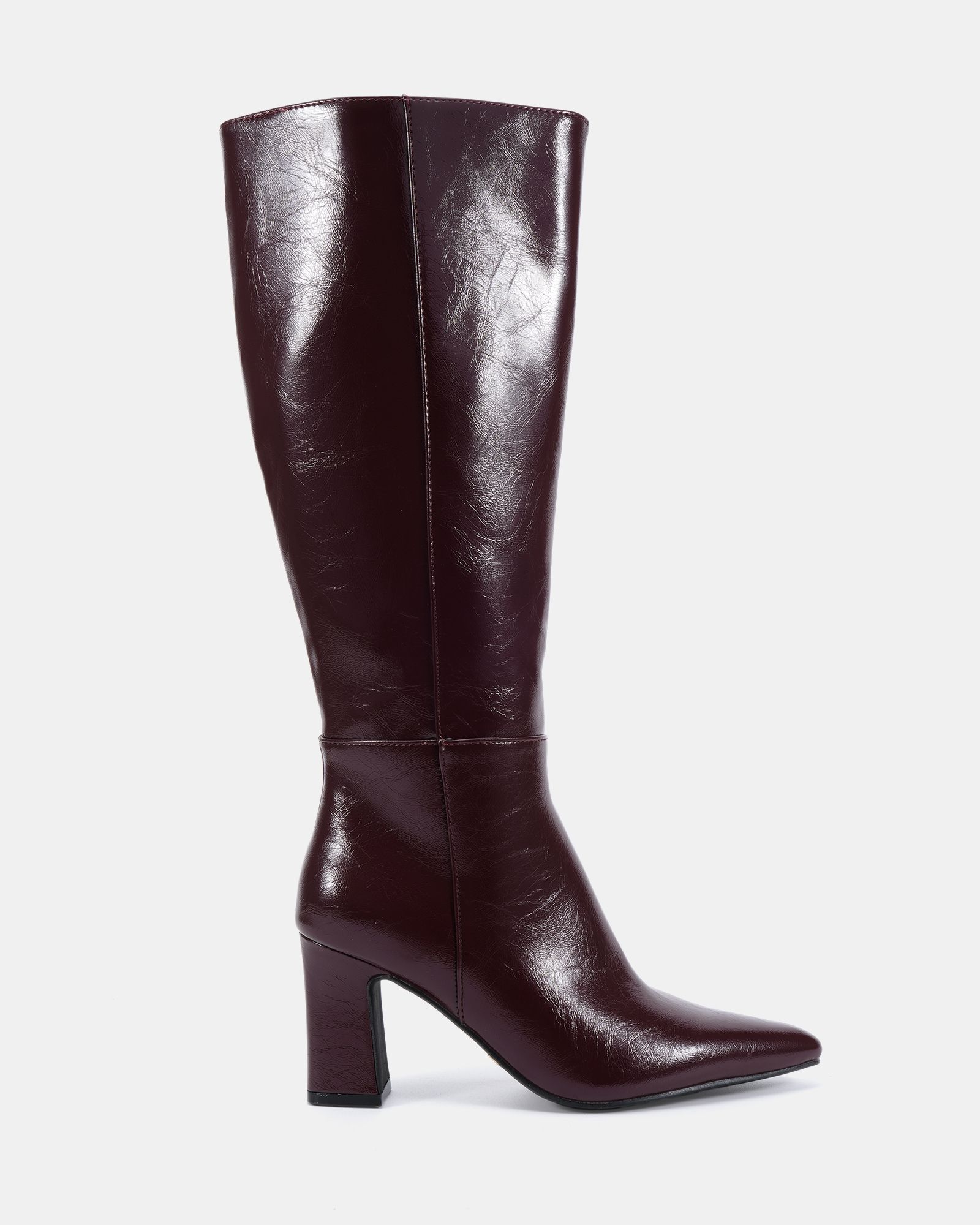 Gala Burgundy Point Toe Block Heel Knee Boot