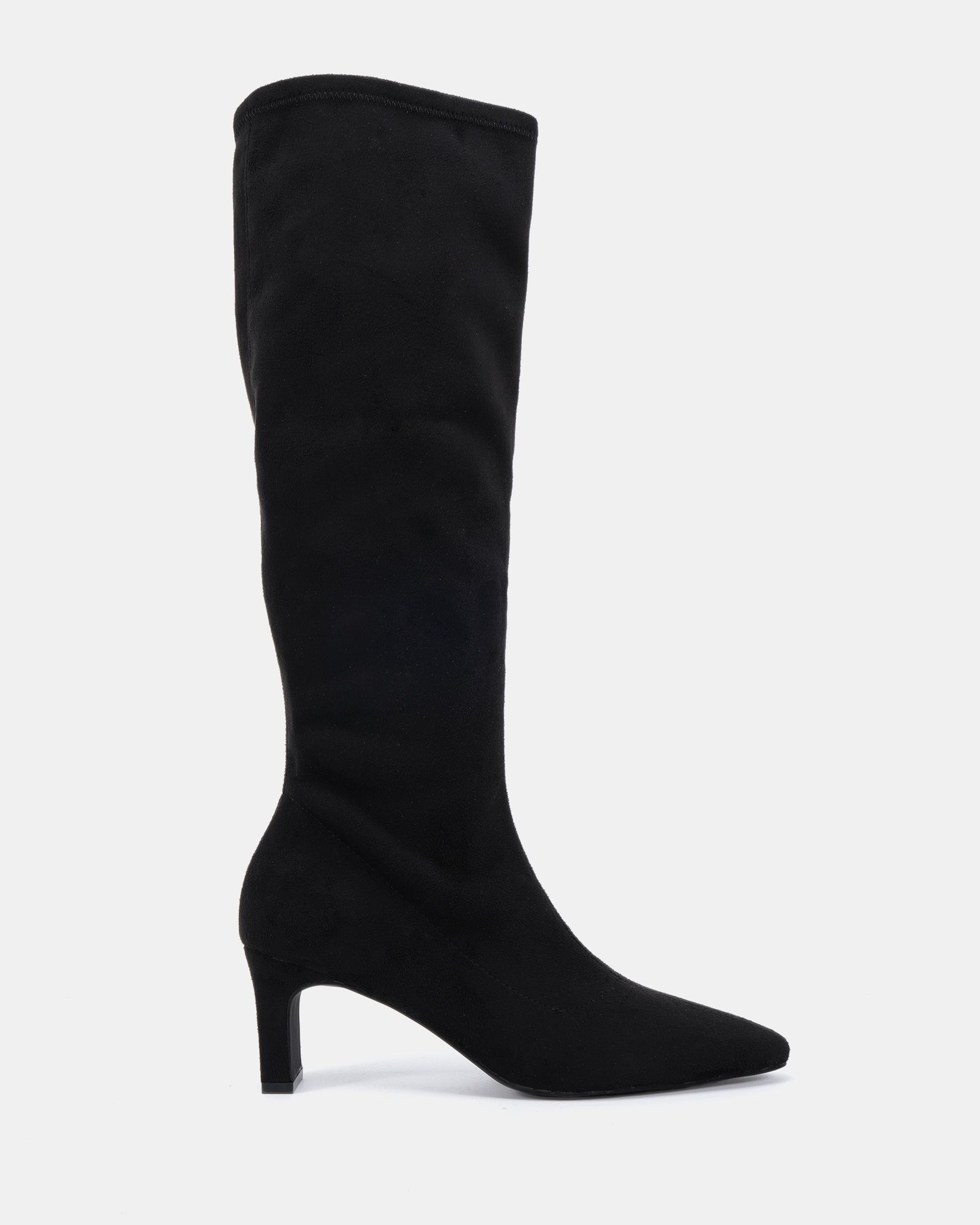 GAZE Black Slim Block Heel Chisel Toe Stretch Knee Boot