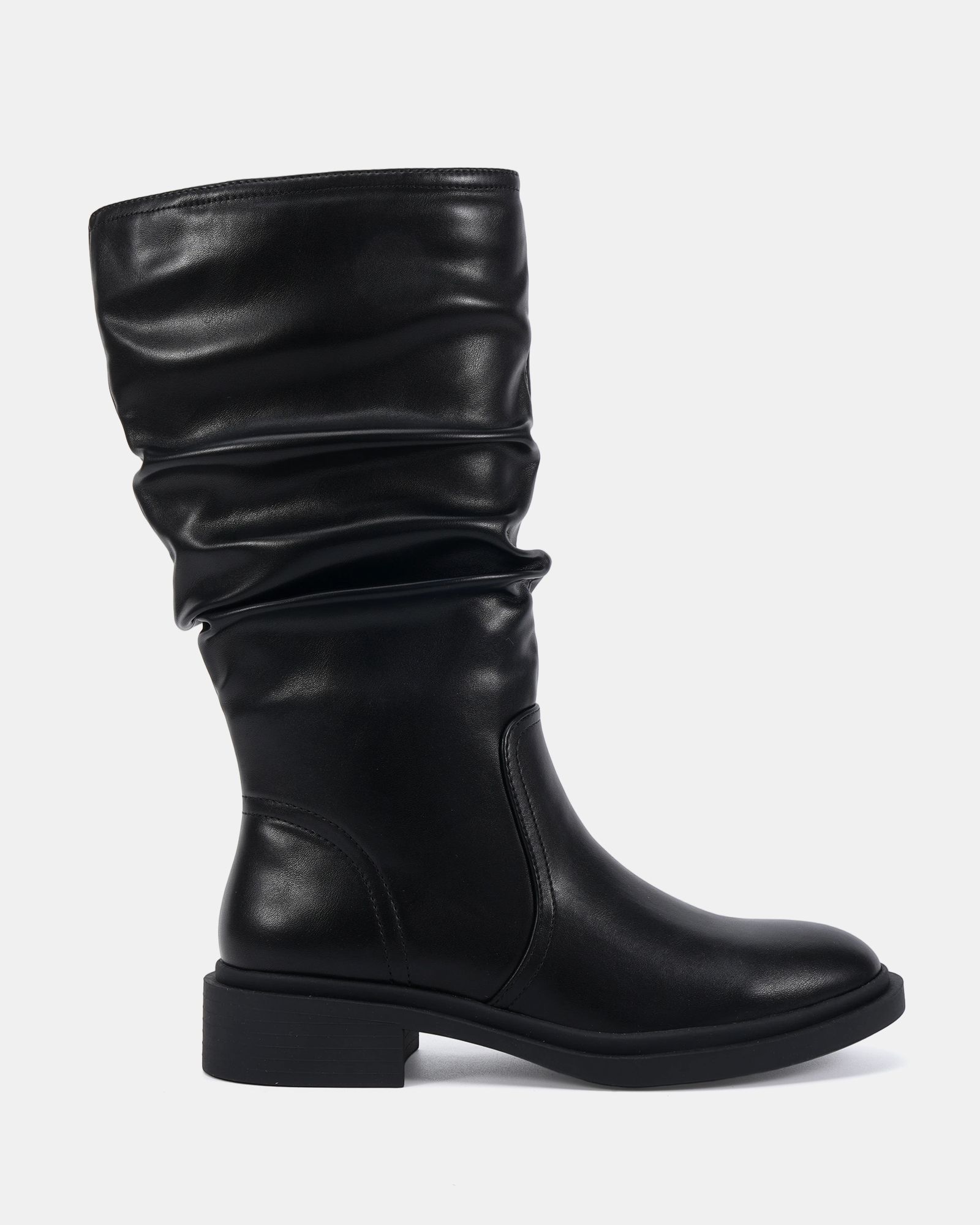 Wide Fit Gentle Black Flat Ruched Calf Boot