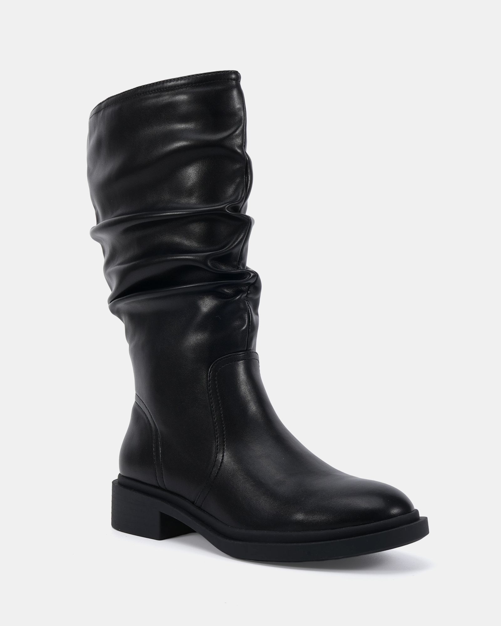 Wide Fit Gentle Black Flat Ruched Calf Boot
