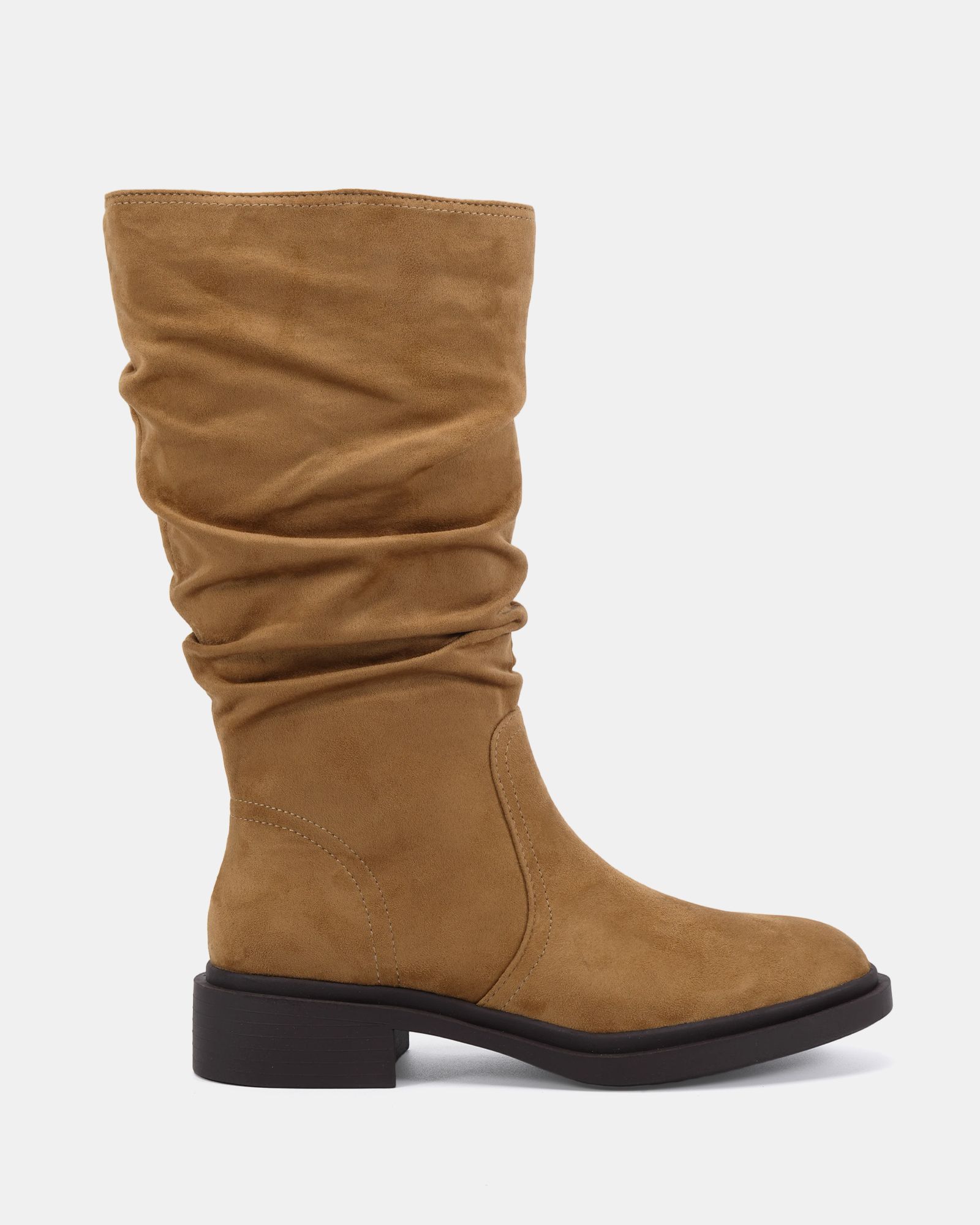 Wide Fit Gentle Taupe Flat Ruched Calf Boot
