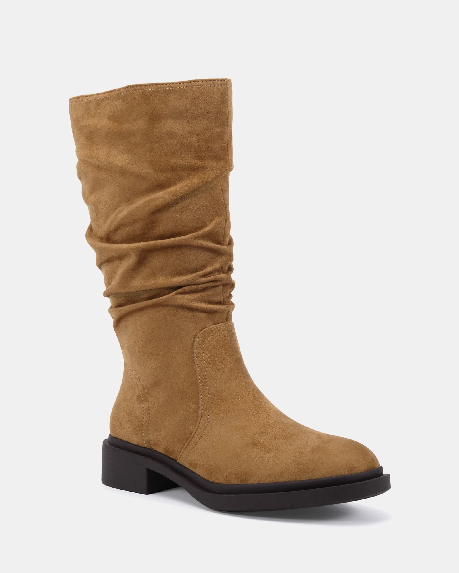Gentle Taupe Flat Ruched Calf Boot