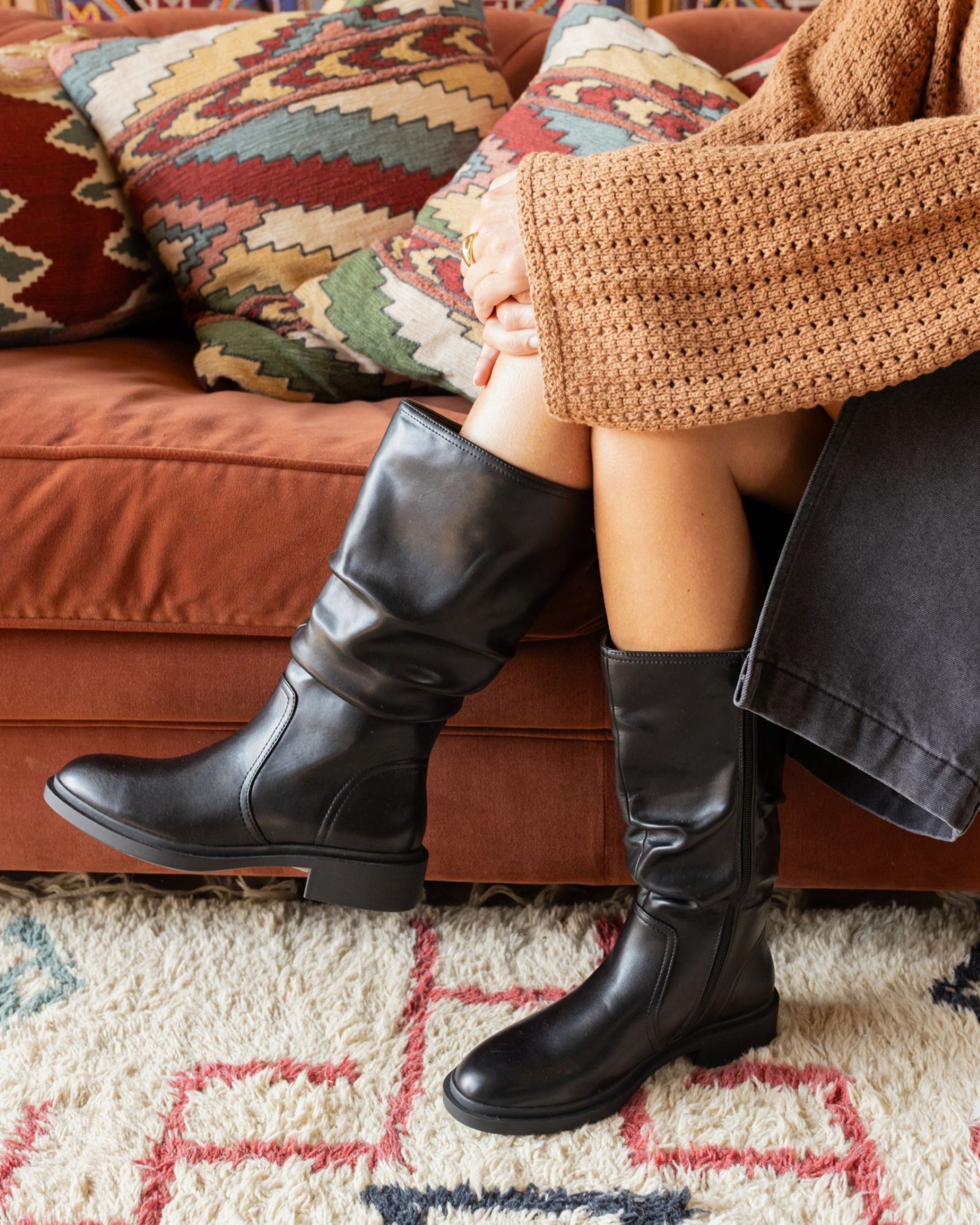 Gentle Black Flat Ruched Calf Boot