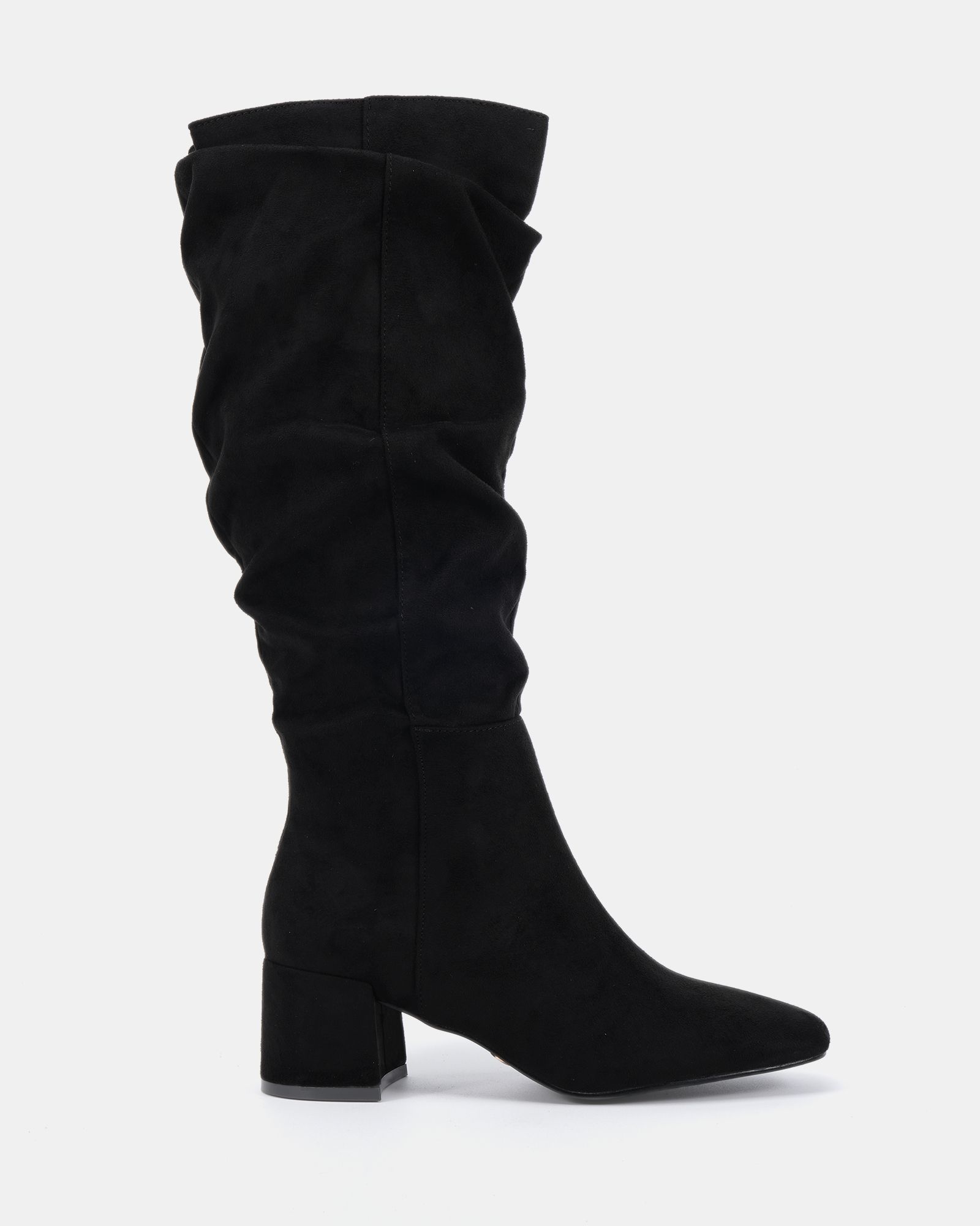 WIDE FIT GERI Black Block Heel Square Toe Ruched Knee Boot